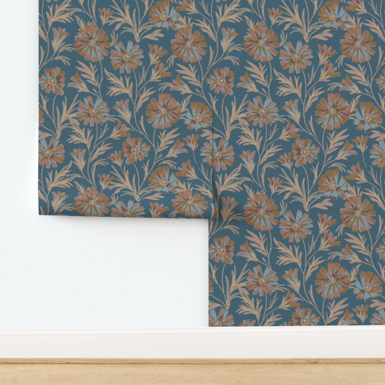 Boho Floral Botanical Wildflowers Meadow Garden Earth Tone Blue Brown Mocha Hand Painted Floral Large Scale Modern Farmhouse Cottagecore Custom Pre-pasted Wallpaper by Spoonflower Pre-Pasted Wallpaper 2FT Wide